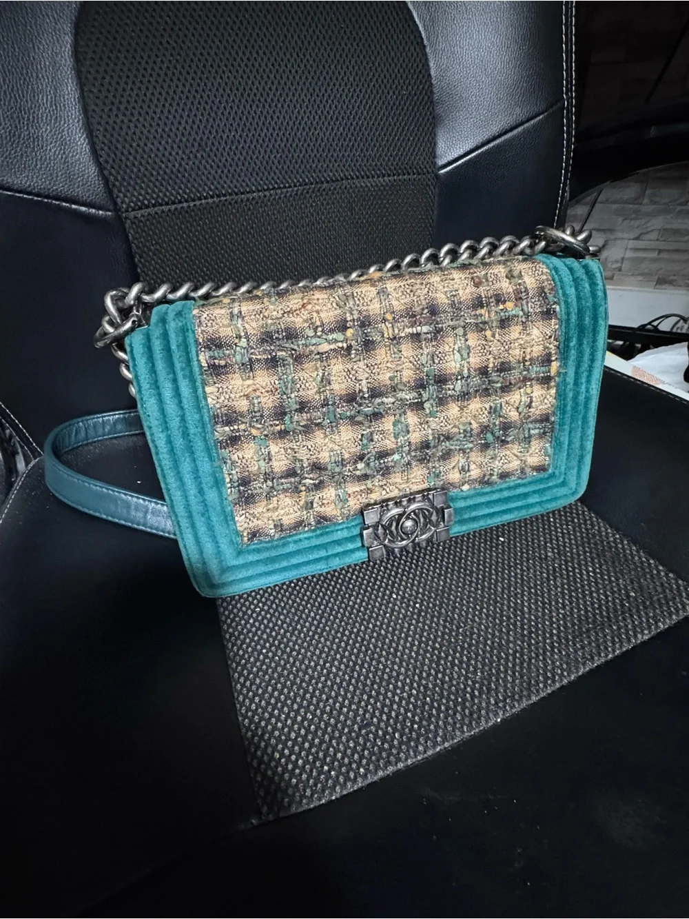 CHANEL Teal Tweed & Velvet Chain Crossbody Bag